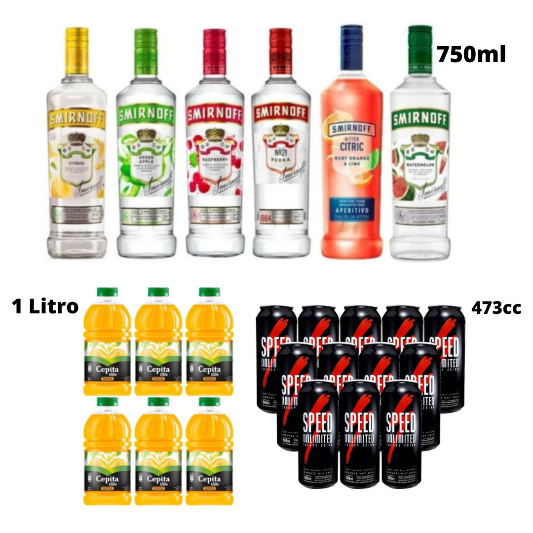COMBO 5 smirnoff saborizados+ 1 smirnoff comun + 1 pack cepita litrox6 + 1 pack speed 473cc x 12 
